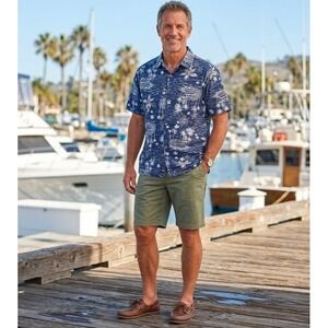 Vintage Men's Navy Blue Tropical Palm Tree Aloha Button Down Shirt Fins Size XL